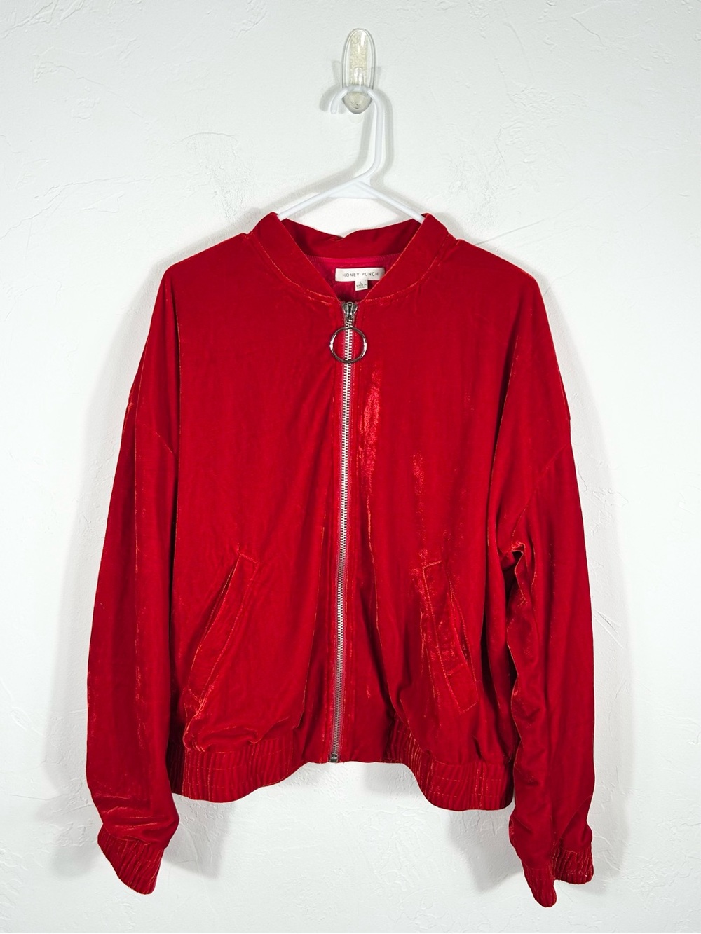👁️ Honey Punch Red Velour Angel Bomber Jacket Ring Zipper Ruched Slouchy Women's